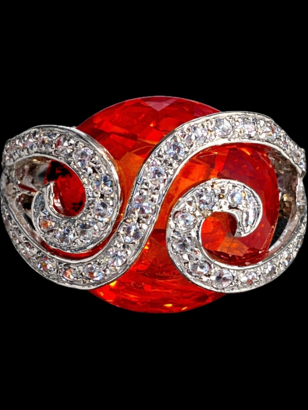 Suzanne Somers vintage orange sapphire CZ swirl cocktail ring sterling silver